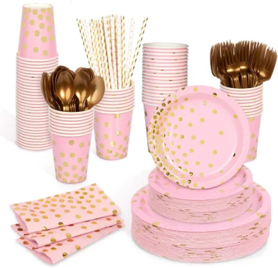 Decorlife platos de papel rosa sirven 50, platos de fiesta y pajitas incluidas para suministros de fiesta de cumpleaños rosa y dorado, total 400 piezas