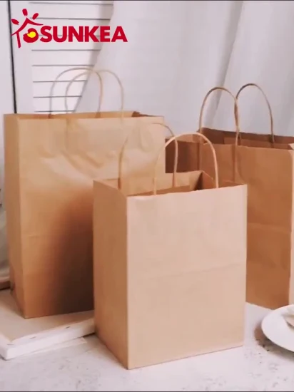 Bolsa de papel kraft blanca con asa para llevar impresa con logotipo Sos