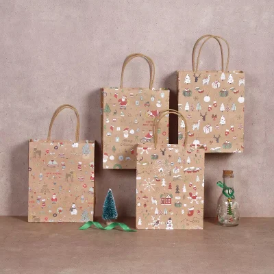 Bolsas de papel Kraft marrón de regalo de compras de alimentos artesanales de embalaje personalizado al por mayor con asas troqueladas