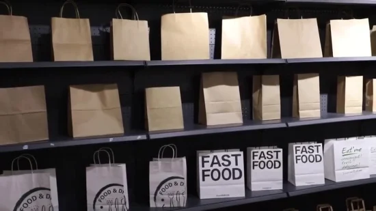 Bolsa de papel Kraft para compras de alimentos con asa de papel torcido marrón 100GSM personalizado reciclado al por mayor con asa